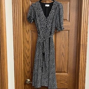 She Goes Wear The Label black & white abstract polka dot midi dress